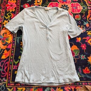 Light Blue Ribbed V-Neck 3/4 Tee with Buttons